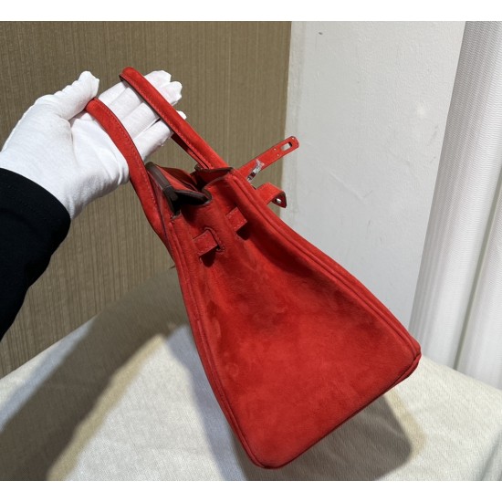 New Birkin platinum 25cm original imported suede Ferrari red silver buckle counter synchronization handmade beeswax thread sewing pure steel hardware high-end customized batch 1600