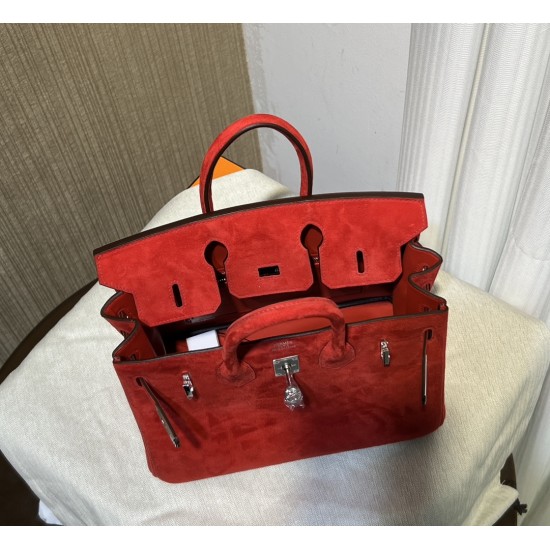 New Birkin platinum 25cm original imported suede Ferrari red silver buckle counter synchronization handmade beeswax thread sewing pure steel hardware high-end customized batch 1600