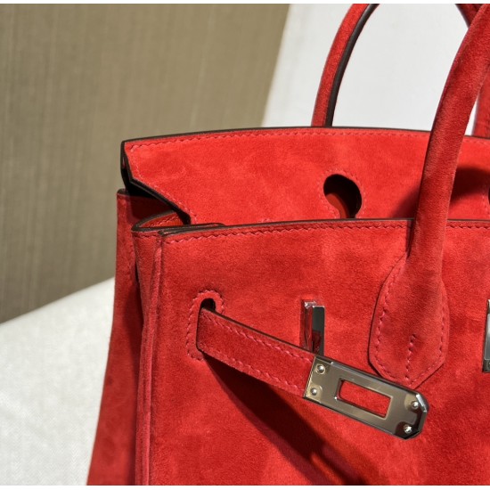 New Birkin platinum 25cm original imported suede Ferrari red silver buckle counter synchronization handmade beeswax thread sewing pure steel hardware high-end customized batch 1600