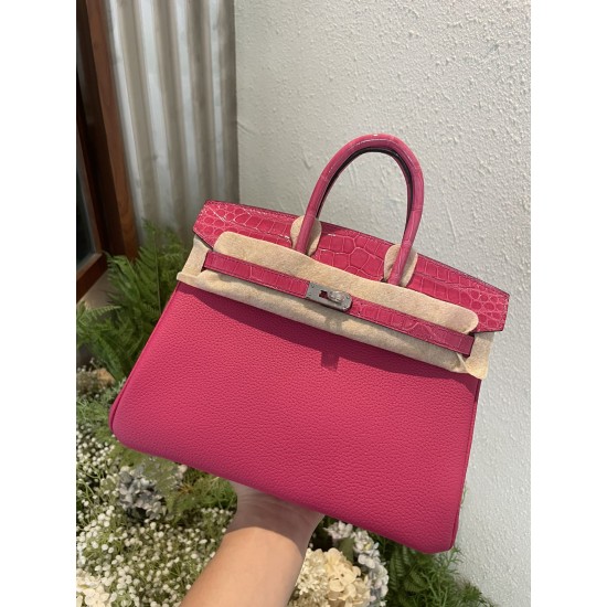 P1234 in stock touch BK25cm platinum Togo leather with high-gloss crocodile leather platinum 30cm hand-stitched waxed thread All steel hardware Lining goatskin
