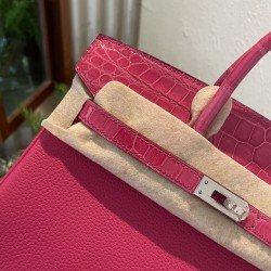 P1234 in stock touch BK25cm platinum Togo leather with high-gloss crocodile leather platinum 30cm hand-stitched waxed thread All steel hardware Lining goatskin