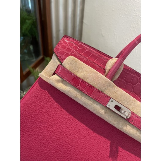 P1234 in stock touch BK25cm platinum Togo leather with high-gloss crocodile leather platinum 30cm hand-stitched waxed thread All steel hardware Lining goatskin