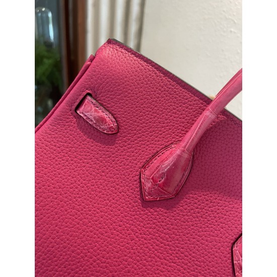 P1234 in stock touch BK25cm platinum Togo leather with high-gloss crocodile leather platinum 30cm hand-stitched waxed thread All steel hardware Lining goatskin