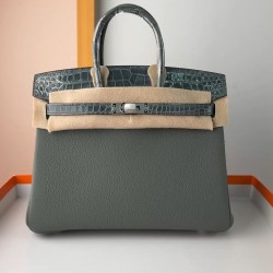 In stock touch BK25 Togo leather with high gloss crocodile platinum 25cm fully hand stitched with waxed thread Full steel hardware Lined with goat skin