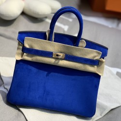 New Birkin platinum 25cm original imported suede water demon blue silver buckle counter synchronization handmade beeswax thread sewing pure steel hardware high-end custom batch 1600