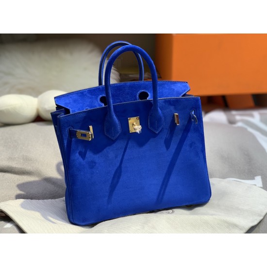New Birkin platinum 25cm original imported suede water demon blue silver buckle counter synchronization handmade beeswax thread sewing pure steel hardware high-end custom batch 1600