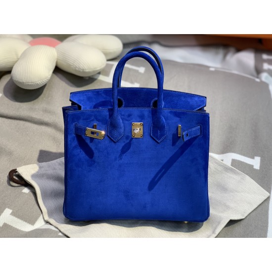 New Birkin platinum 25cm original imported suede water demon blue silver buckle counter synchronization handmade beeswax thread sewing pure steel hardware high-end custom batch 1600