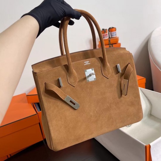New Birkin Platinum 30cm original imported suede gold brown silver buckle counter synchronization handmade beeswax thread sewing pure steel hardware high-end customized batch 1600