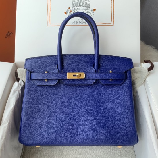 Spot Birkin 30cm Imported Epsom Leather Handmade Waxed Stitching Electric Blue Gold and Silver Buckle One color can be customized Oh Batch 1234