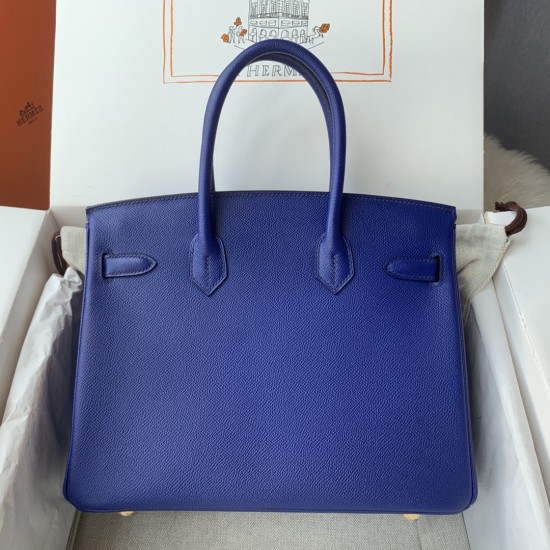 Spot Birkin 30cm Imported Epsom Leather Handmade Waxed Stitching Electric Blue Gold and Silver Buckle One color can be customized Oh Batch 1234