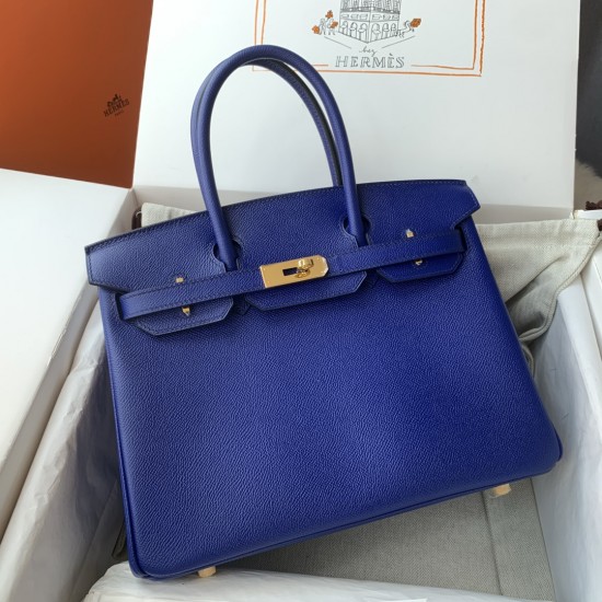 Spot Birkin 30cm Imported Epsom Leather Handmade Waxed Stitching Electric Blue Gold and Silver Buckle One color can be customized Oh Batch 1234