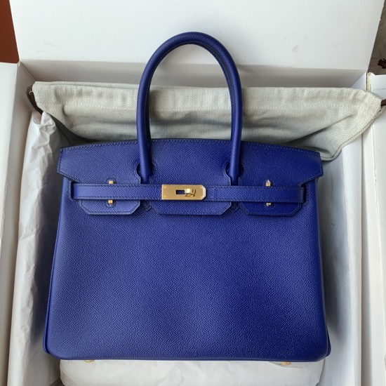 Spot Birkin 30cm Imported Epsom Leather Handmade Waxed Stitching Electric Blue Gold and Silver Buckle One color can be customized Oh Batch 1234