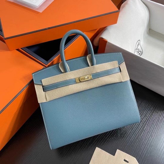 Lot 1111 Birkin Outside Sewn 25cm epsom leather D2 New Blue Jean Gold Buckle Phw Fully Handmade Beeswax Thread Sewing