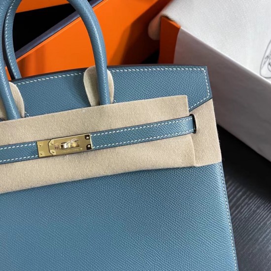 Lot 1111 Birkin Outside Sewn 25cm epsom leather D2 New Blue Jean Gold Buckle Phw Fully Handmade Beeswax Thread Sewing