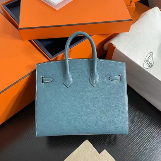 Lot 1111 Birkin Outside Sewn 25cm epsom leather D2 New Blue Jean Gold Buckle Phw Fully Handmade Beeswax Thread Sewing