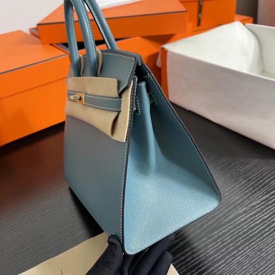 Lot 1111 Birkin Outside Sewn 25cm epsom leather D2 New Blue Jean Gold Buckle Phw Fully Handmade Beeswax Thread Sewing