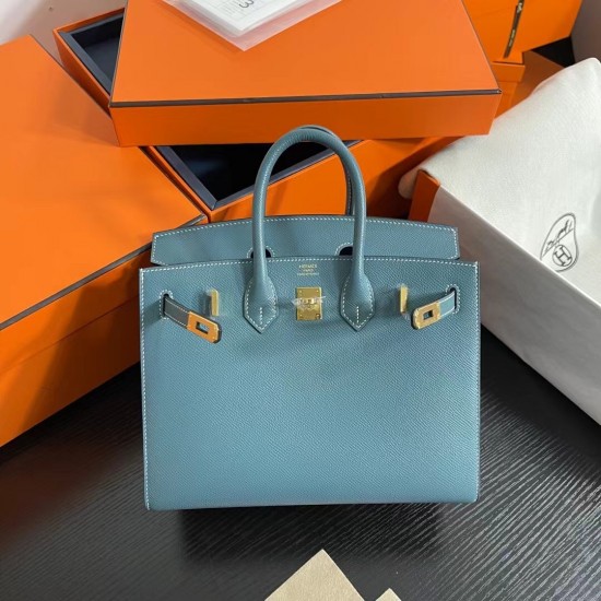 Lot 1111 Birkin Outside Sewn 25cm epsom leather D2 New Blue Jean Gold Buckle Phw Fully Handmade Beeswax Thread Sewing