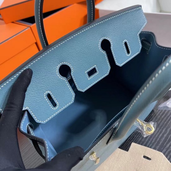 Lot 1111 Birkin Outside Sewn 25cm epsom leather D2 New Blue Jean Gold Buckle Phw Fully Handmade Beeswax Thread Sewing