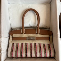 New Birkin shoulder embroidered platinum 29cm imported Swift leather canvas embroidered gold brown stripes silver buckle limited edition counter synchronization hand waxed stitching pure steel hardware high-end custom batch 1600