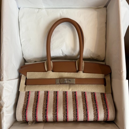 New Birkin shoulder embroidered platinum 29cm imported Swift leather canvas embroidered gold brown stripes silver buckle limited edition counter synchronization hand waxed stitching pure steel hardware high-end custom batch 1600