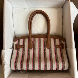 New Birkin shoulder embroidered platinum 29cm imported Swift leather canvas embroidered gold brown stripes silver buckle limited edition counter synchronization hand waxed stitching pure steel hardware high-end custom batch 1600