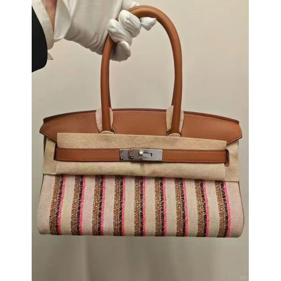 New Birkin shoulder embroidered platinum 29cm imported Swift leather canvas embroidered gold brown stripes silver buckle limited edition counter synchronization hand waxed stitching pure steel hardware high-end custom batch 1600