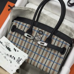 New Birkin shoulder embroidered platinum 29cm original imported Swift leather canvas embroidered black plaid silver buckle limited edition counter synchronization handmade waxed thread sewing pure steel hardware high-end custom batch 1600