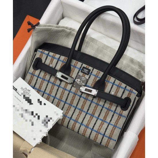 New Birkin shoulder embroidered platinum 29cm original imported Swift leather canvas embroidered black plaid silver buckle limited edition counter synchronization handmade waxed thread sewing pure steel hardware high-end custom batch 1600