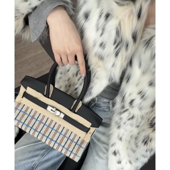 New Birkin shoulder embroidered platinum 29cm original imported Swift leather canvas embroidered black plaid silver buckle limited edition counter synchronization handmade waxed thread sewing pure steel hardware high-end custom batch 1600