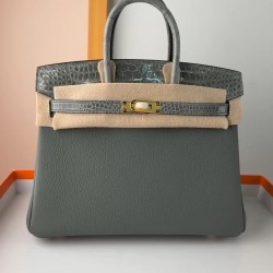 In stock touch BK25 Togo leather with high gloss crocodile platinum 25cm fully hand stitched with waxed thread Full steel hardware Lined with goat skin