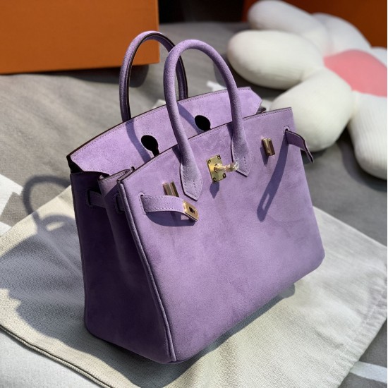 New Birkin platinum 25cm original imported suede lavender purple gold buckle counter synchronization handmade beeswax thread sewing pure steel hardware high-end customized batch 1600