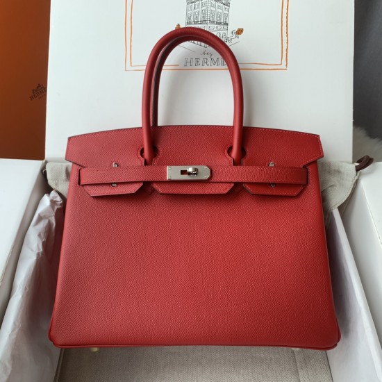 Spot Birkin 30cm Imported Epsom Leather Handmade Waxed Stitching Big Red Gold and Silver Button One color can be customized Oh Batch 1234