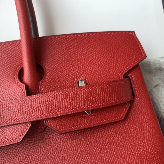 Spot Birkin 30cm Imported Epsom Leather Handmade Waxed Stitching Big Red Gold and Silver Button One color can be customized Oh Batch 1234