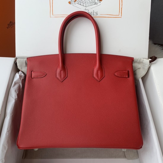 Spot Birkin 30cm Imported Epsom Leather Handmade Waxed Stitching Big Red Gold and Silver Button One color can be customized Oh Batch 1234