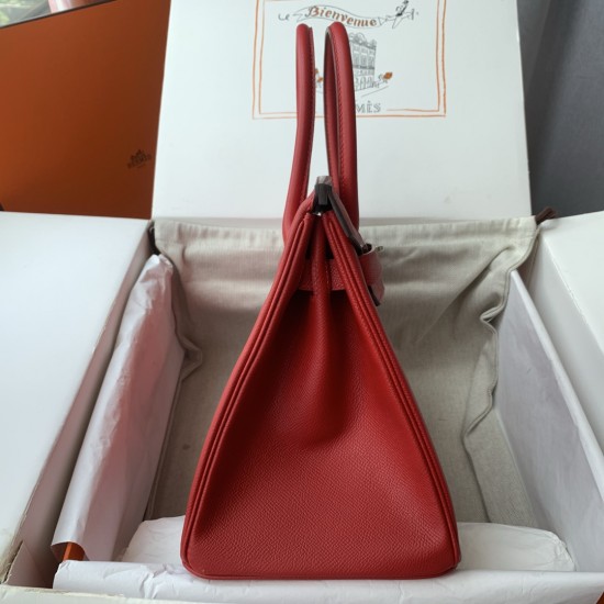 Spot Birkin 30cm Imported Epsom Leather Handmade Waxed Stitching Big Red Gold and Silver Button One color can be customized Oh Batch 1234