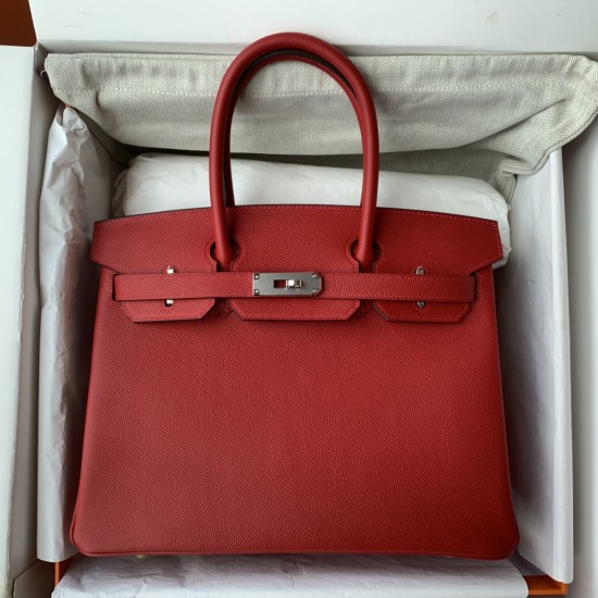 Spot Birkin 30cm Imported Epsom Leather Handmade Waxed Stitching Big Red Gold and Silver Button One color can be customized Oh Batch 1234