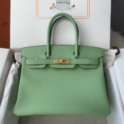 Spot Birkin 30cm Imported Epsom Leather Handmade Waxed Stitching Avocado Green Gold &amp; Silver Button One Color Accepts Customization Oh Batch 1234