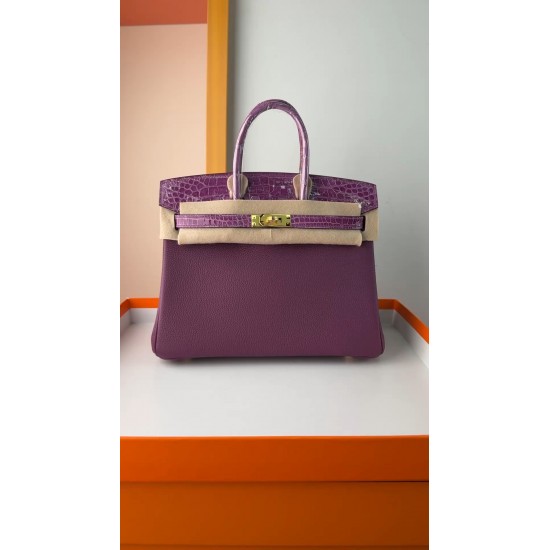 In stock touch BK25 anemone purple togo leather with high gloss crocodile platinum 25cm full hand-stitched waxed thread full steel hardware lining goat skin