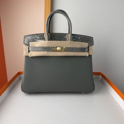 In stock touch BK25 Togo leather with high gloss crocodile platinum 25cm fully hand stitched with waxed thread Full steel hardware Lined with goat skin