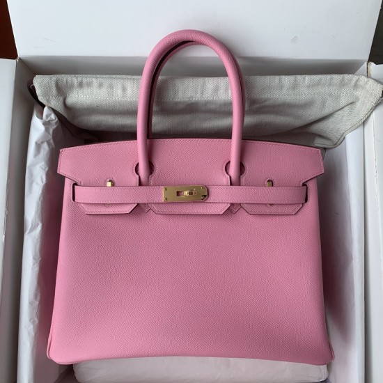 Spot Birkin 30cm Imported Epsom Leather Handmade Waxed Stitching Cherry Blossom Pink Gold and Silver Button One color can be customized Oh Batch 1234