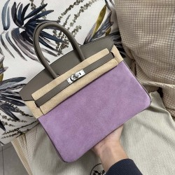 Birkin platinum 25cm asphalt gray swift leather spliced taro purple suede silver buckle customer order real shot batch 1600