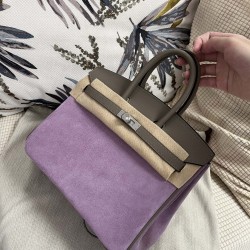 Birkin platinum 25cm asphalt gray swift leather spliced taro purple suede silver buckle customer order real shot batch 1600