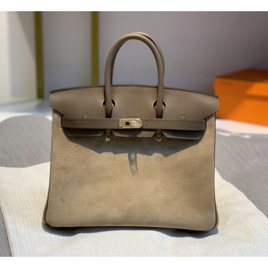 New Birkin Platinum 25cm Original Imported Suede Swift Leather Milk Tea Elephant Gray Gold Buckle Counter synchronization Handmade beeswax thread sewing Pure steel hardware High-end customized batch 1600