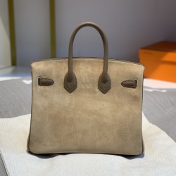 New Birkin Platinum 25cm Original Imported Suede Swift Leather Milk Tea Elephant Gray Gold Buckle Counter synchronization Handmade beeswax thread sewing Pure steel hardware High-end customized batch 1600