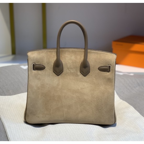 New Birkin Platinum 25cm Original Imported Suede Swift Leather Milk Tea Elephant Gray Gold Buckle Counter synchronization Handmade beeswax thread sewing Pure steel hardware High-end customized batch 1600
