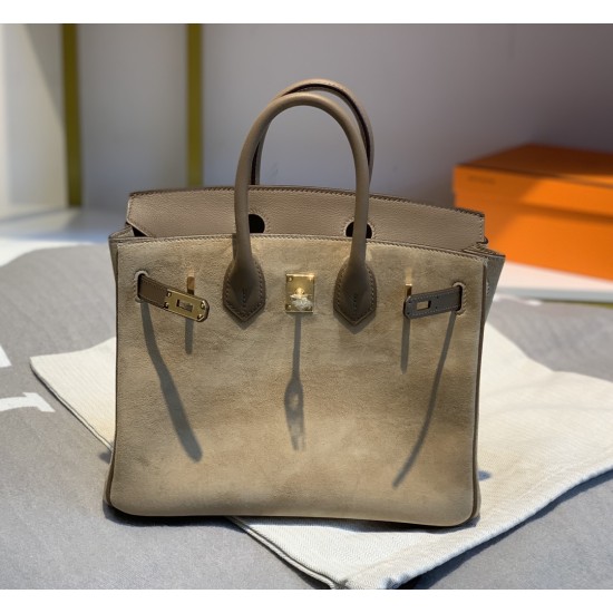 New Birkin Platinum 25cm Original Imported Suede Swift Leather Milk Tea Elephant Gray Gold Buckle Counter synchronization Handmade beeswax thread sewing Pure steel hardware High-end customized batch 1600