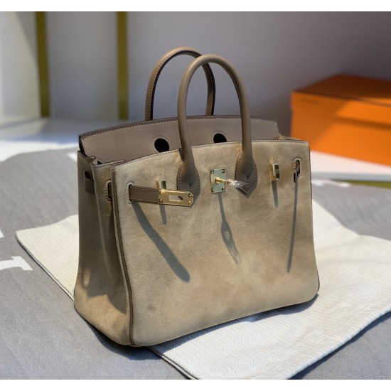 New Birkin Platinum 25cm Original Imported Suede Swift Leather Milk Tea Elephant Gray Gold Buckle Counter synchronization Handmade beeswax thread sewing Pure steel hardware High-end customized batch 1600