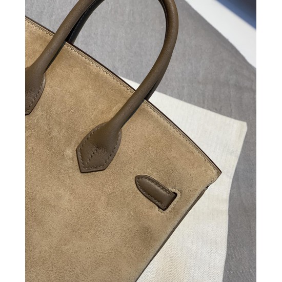 New Birkin Platinum 25cm Original Imported Suede Swift Leather Milk Tea Elephant Gray Gold Buckle Counter synchronization Handmade beeswax thread sewing Pure steel hardware High-end customized batch 1600
