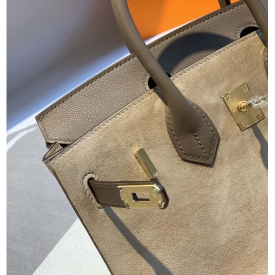 New Birkin Platinum 25cm Original Imported Suede Swift Leather Milk Tea Elephant Gray Gold Buckle Counter synchronization Handmade beeswax thread sewing Pure steel hardware High-end customized batch 1600