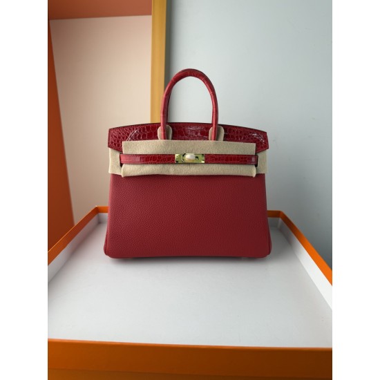 In stock touch BK25 Togo leather with high gloss crocodile platinum 25cm fully hand stitched with waxed thread Full steel hardware Lined with goat skin